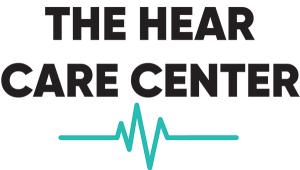 Logo for The Hear Care Center with bold black text above a teal heartbeat line graphic.