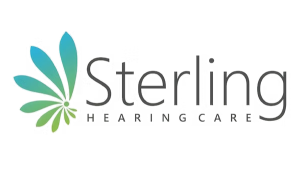 Logo for Sterling Hearing Care featuring stylized blue and green leaf or ear shapes on the left, with the company name in modern gray text and “Hearing Care” written underneath in smaller capital letters.